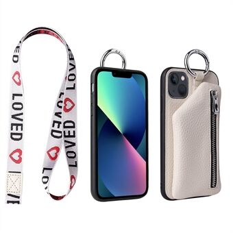 For iPhone 13 6.1 inch Detachable Wallet PU Leather Coated TPU Phone Case Zipper Pocket Protective Cover with Lanyard