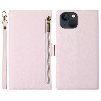 For iPhone 13 6.1 inch Zipper Pocket Design Bump Proof Litchi Texture Phone Case, PU Leather Flip Cover Wallet with Strap