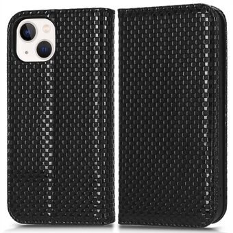 For iPhone 13 6.1 inch Anti-scratch PU Leather Stand Case Grid Texture Magnetic Auto-absorbed Anti-drop Phone Wallet Shell