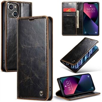 CASEME 003 Series PU Leather Phone Case for iPhone 13 6.1 inch, Shockproof Stand Wallet Retro Waxy Texture Magnetic Closure Phone Cover