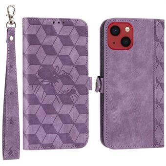 Anti-drop Phone Cover for iPhone 13 6.1 inch PU Leather Imprinted Spider Rhombus Pattern Wallet Stand Protective Mobile Phone Case with Strap