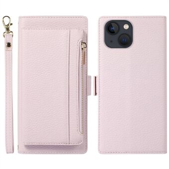 2 in 1 Magnetic Litchi Textured Phone Case For iPhone 13 6.1 inch, Full Protection PU Leather Phone Cover with Stand Zippered Pocket Wallet and Strap