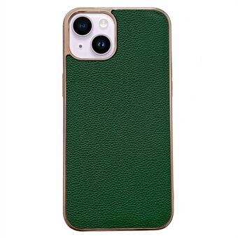 Cell Phone Back Cover for iPhone 13 6.1 inch, Non-slip Grip Nano Electroplating Litchi Texture Genuine Leather Coated TPU Phone Case