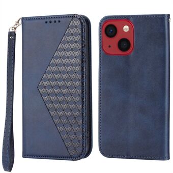 Calf Texture PU Leather Case for iPhone 13 6.1 inch, Magnetic Wallet Imprinted Rhombus Pattern Phone Stand Cover with Strap