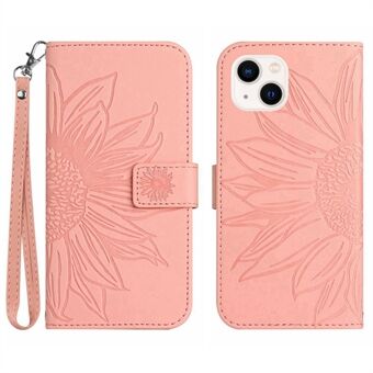 Flip Phone Case for iPhone 13 6.1 inch, HT04 Imprinted Sunflower Stand PU Leather Skin-Touch Magnetic Wallet Cover with Strap