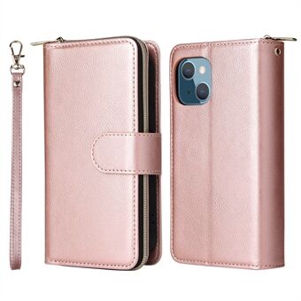 Zipper Pocket Cell Phone Cover For iPhone 13 6.1 inch, Magnetic PU Leather Phone Case 9 Card Holder Slots Flip Stand Wallet with Strap