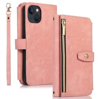 For iPhone 13 6.1 inch Zipper Pocket PU Leather Flip Wallet Case Magnetic Closure Multiple Card Slots Stand Phone Cover