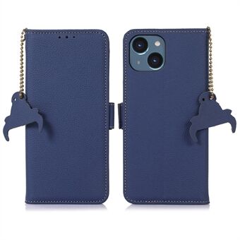 Wallet Phone Case for iPhone 13 6.1 inch Side Magnetic Closure Genuine Leather Stand Case RFID Blocking Phone Shell with Chain Decoration