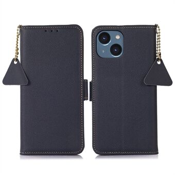 For iPhone 13 6.1 inch Genuine Leather RFID Blocking Flip Case Overall Coverage Cell Phone Cover with Wallet Stand