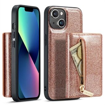 DG.MING M3 Series Magnetic Phone Cover For iPhone 13 6.1 inch Anti-drop 2-in-1 Detachable Glittery Zippered Wallet Phone Case Kickstand