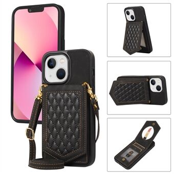 For iPhone 13 6.1 inch Imprinted Rhombus Makeup Mirror Kickstand Case PU Leather Coated TPU Card Slot RFID Blocking Phone Cover with Shoulder Strap