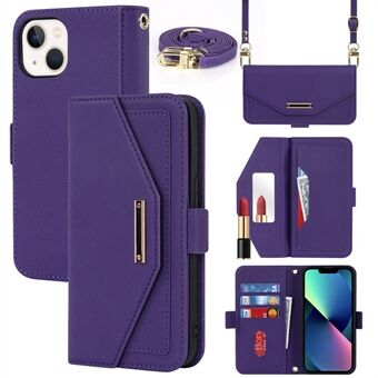 For iPhone 13 6.1 inch Drop Proof Magnetic Closure Cross Texture PU Leather Flip Case Stand Wallet Cover with Inside Makeup Mirror and Shoulder Strap