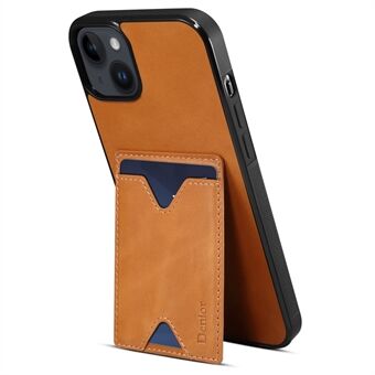 DENIOR Genuine Leather TPU Hard PC Case for iPhone 13 6.1 inch Shockproof Case Anti-Drop Phone Cover with Card Holder / Kickstand