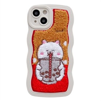 For iPhone 13 6.1 inch Fluffy Plush Milk Tea Animal Pattern Embroidery Phone Case Anti-scratch TPU + PC Cover