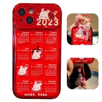 For iPhone 13 6.1 inch Drop-proof Red Calendar TPU Phone Case Mobile Phone Cover with Flip Mirror and Chain