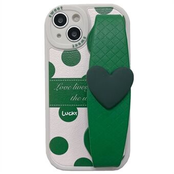 For iPhone 13 6.1 inch Green Dots Pattern PU Leather Coated TPU Phone Cover Back Case with Love Heart Wristband