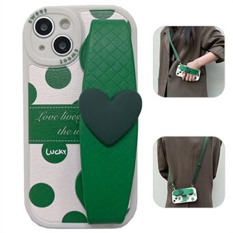 For iPhone 13 6.1 inch Love Heart Wristband Green Dots Pattern PU Leather Coated TPU Phone Cover Back Case with Shoulder Strap