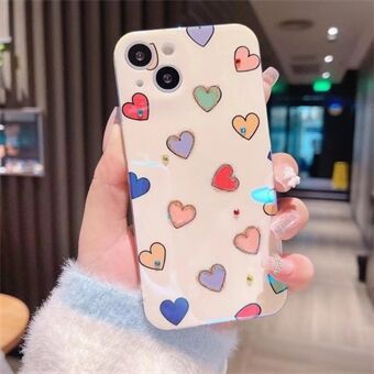 For iPhone 13 6.1 inch Rhinestone Decor Blu-ray IMD Love Heart Pattern Back Cover Anti-drop Soft TPU Case