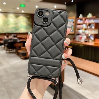 For iPhone 13 6.1 inch Stitching Rhombus Grid Pattern PU Leather Coated TPU Cover Precise Cutout Lens Protection Phone Cover with Shoulder Strap