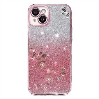 For iPhone 13 6.1 inch Rhinestone Decor Flower Pattern Anti-drop Back Case Gradient Glitter Powder TPU Protective Cover