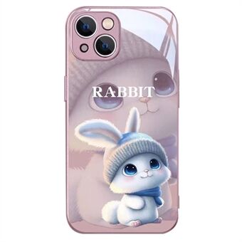 For iPhone 13 6.1 inch Back Cover, Cartoon Rabbit with Knitted Hat Fall Resistant Tempered Glass+TPU Phone Protective Case