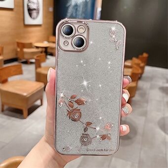 For iPhone 13 6.1 inch Flower Pattern Decor Rhinestone Electroplating Glitter Powder Drop-proof Mobile Phone Case Soft TPU Phone Cover