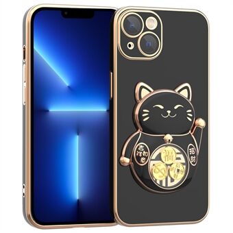 For iPhone 13 6.1 inch Electroplating Phone Case Lucky Fortune Cat Kickstand TPU+PC Shockproof Cover with Camera Lens Protector