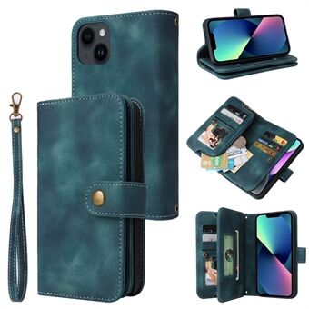 Multifunctional Phone Case for iPhone 13 PU Leather Zipper Pocket Stand Wallet Phone Cover with Straps