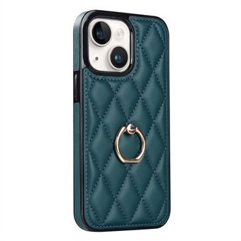 For iPhone 13 6.1 inch PU Leather+TPU Phone Case Stitching Rhombus Ring Holder Kickstand Phone Cover