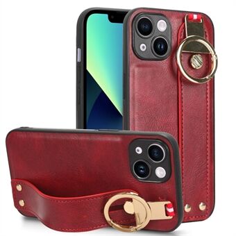 For iPhone 13 6.1 inch PU Leather Coated PC+TPU Phone Case Wristband Kickstand Anti-scratch Cover