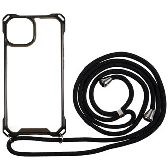 For iPhone 13 Transparent Acrylic Back + TPU Case Anti-drop Phone Cover with Lanyard