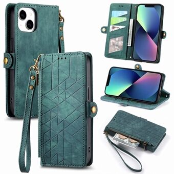 Zipper Pocket Leather Phone Case for iPhone 13 , Stand Geometry Imprinted Phone Wallet Cover