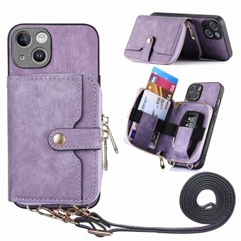 Zipper Wallet Phone Kickstand Cover for iPhone 13 , PU Leather+PC+TPU Case with Lanyard