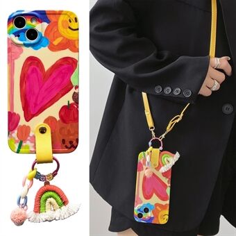 For iPhone 13 Soft TPU Phone Cover Heart Pattern Cell Phone Case with Rainbow Decor, Leather Shoulder Strap