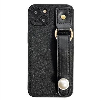 For iPhone 13 PU Leather+TPU Phone Case Pearl Decor Wristband Drop Protection Black Phone Back Shell