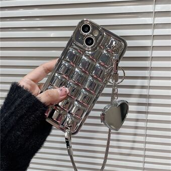 TPU Cover for iPhone 13 6.1 inch Electroplating Plaid Design Phone Case with Heart Shaped Mirror and Chain