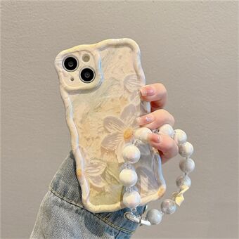 Oil Painting Flowers Shell for iPhone 13 , Blu-ray IMD TPU Case Wavy Edge Phone Cover with Pearl Chain