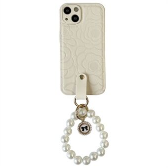 For iPhone 13 TPU+PU Leather Phone Shell Cover Camellia Pattern Pearl Chain Phone Case with Shoulder Strap