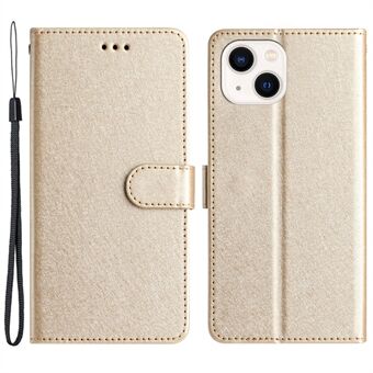 For iPhone 13 6.1 inch Silk Texture Flip Case PU Leather Phone Cover Wallet Stand with Wrist Strap