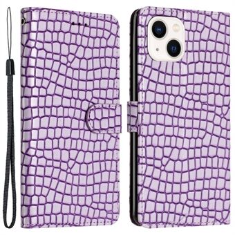 For iPhone 13 6.1 inch PU Leather+TPU Cover Crocodile Texture Stand Phone Wallet Case with Hand Strap