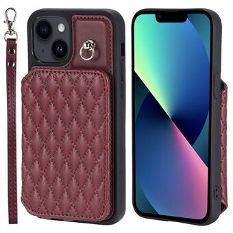 Style 008 Kickstand Phone Cover for iPhone 13 6.1 inch , PU Leather+TPU RFID Blocking Anti-scratch Shell with Wrist Strap