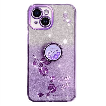 Mobile Phone Case for iPhone 13 6.1 inch , Ring Kickstand Flower Pattern Glitter Bump Proof TPU Cover