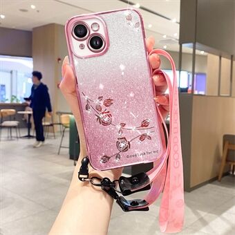 For iPhone 13 6.1 inch Flexible TPU Phone Cover Flower Design Rhinestone Glitter Back Case with Strap