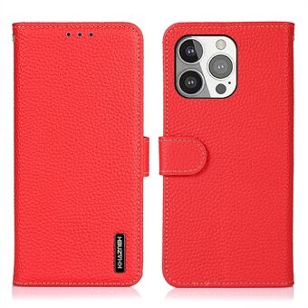 KHAZNEH Litchi Texture Top Layer Genuine Leather Wallet Phone Stand Case Shell for iPhone 13 Pro 6.1 inch