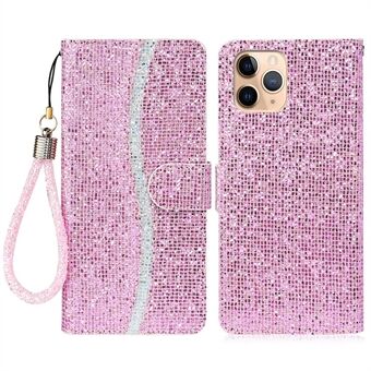 Well-protected Glittery Powder Leather Wallet Phone Stand Case with Strap for iPhone 13 Pro 6.1 inch