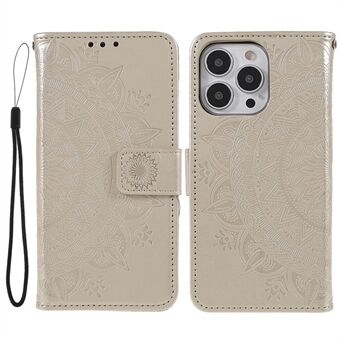 Mandala Totem Pattern Imprinted PU Leather Wallet Magnetic Flip Cover with Hand Strap for iPhone 13 Pro 6.1 inch