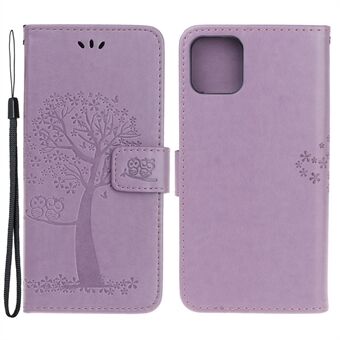 Owl Tree Imprint Wallet Stand Design PU Leather Case Protector with Wrist Strap for iPhone 13 Pro 6.1 inch