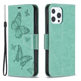 Magnetic PU Leather Wallet Stand Imprint Butterfly Flip Folio Protective Cover with Strap for iPhone 13 Pro 6.1 inch