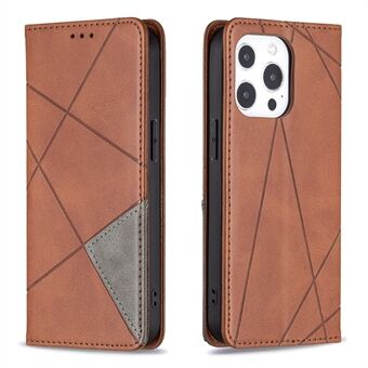 For iPhone 13 Pro 6.1 inch Strong Magnet Geometric Splicing Pattern Leather Case Card Holder Shell with Stand