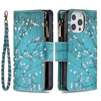 BF03 Pattern Printing Leather Stand Full Coverage Phone Cover with Wrist Strap and Zippered Wallet for iPhone 13 Pro 6.1 inch